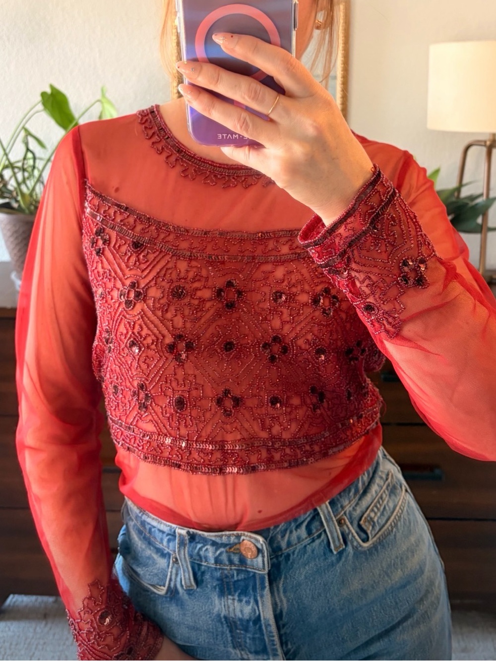 Vintage Red beaded mesh top by Spiegel- Size 6
